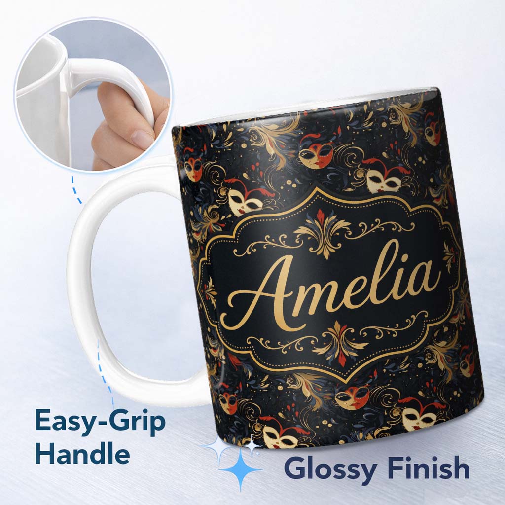 Personalized Custom Name Colourful Carnival Masks with Feathers and Floral Accents Seamless 11oz Ceramic Coffee Tea Mug White Large Handle