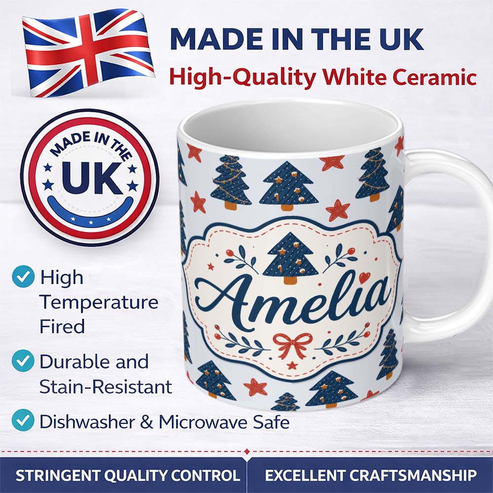 Personalized Custom Name Blue Christmas Trees with Stars and Hanging Ornaments Seamless 11oz Ceramic Coffee Tea Mug White Large Handle