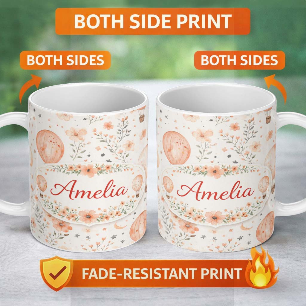 Personalized Custom Name Soft Coral Floral Hot Air Balloon Sky Pattern Seamless Watercolour 11oz Ceramic Coffee Tea Mug White Large Handle