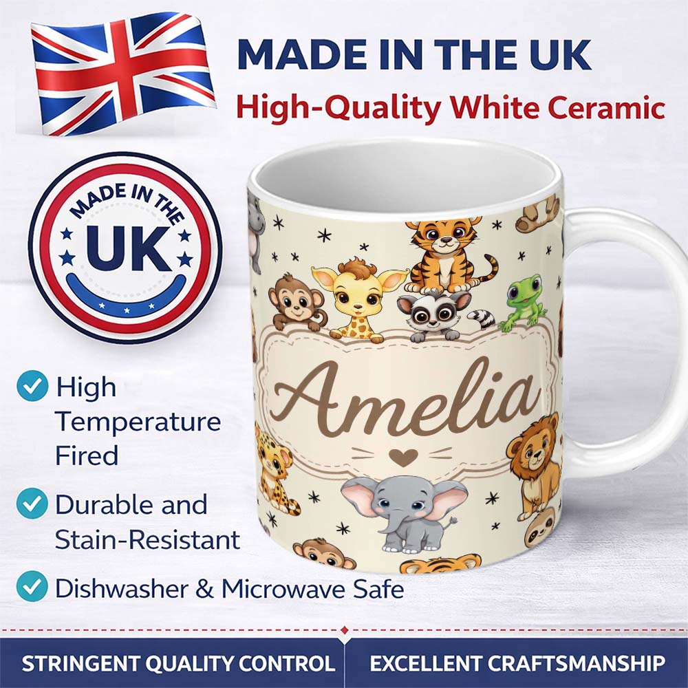 Personalized Custom Name Cute Jungle Baby Animals Lion Tiger Elephant Giraffe Pattern Cream 11oz Ceramic Coffee Tea Mug White Large Handle