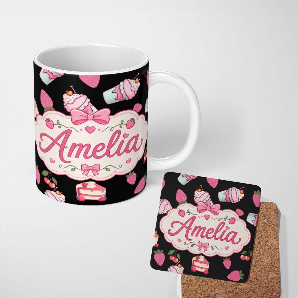 Personalized Custom Name Cute Strawberry Cupcakes and Dessert Drinks Kawaii Style Seamless 11oz Ceramic Coffee Tea Mug White Large Handle