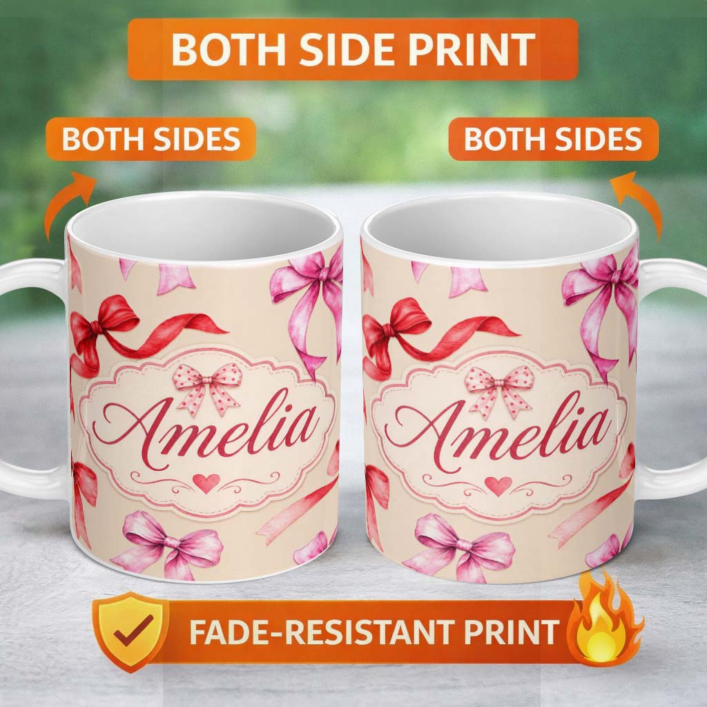 Personalized Custom Name Watercolor Ribbon Bow Seamless Pattern on Lavender Background Lovely 11oz Ceramic Coffee Tea Mug White Large Handle