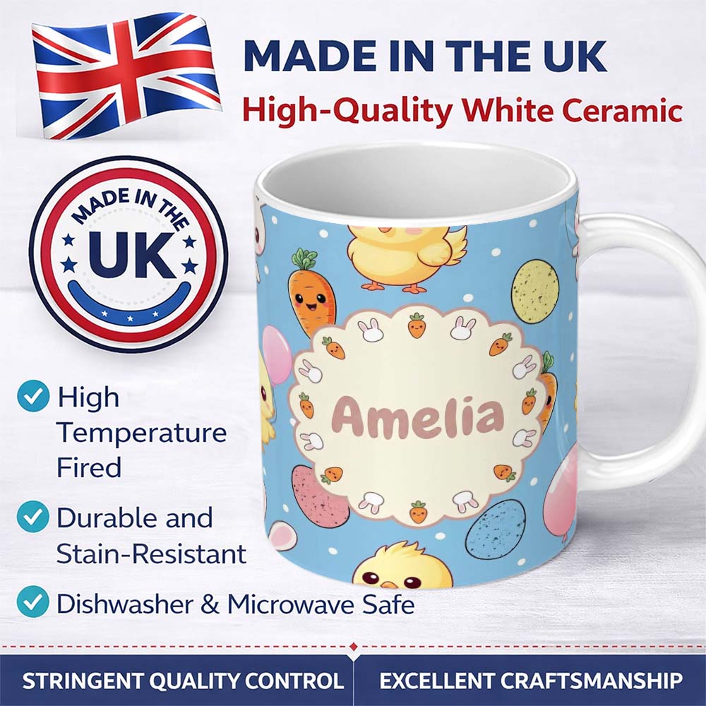 Personalized Custom Name Cute Easter Bunny Chick Carrots Eggs Polka Dot Seamless Pattern Blue 11oz Ceramic Coffee Tea Mug White Large Handle