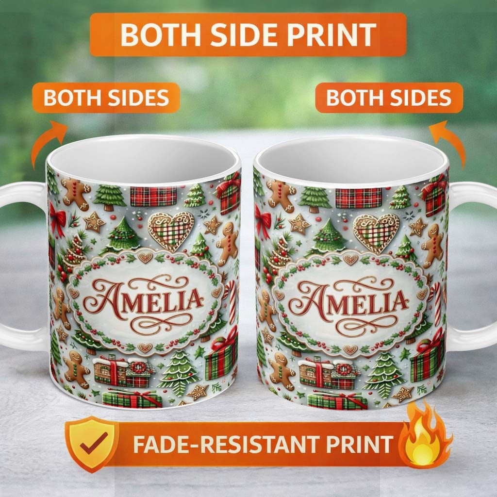 Personalized Custom Name Christmas Gingerbread House Tree Cookie Festive Seamless Pattern 11oz Ceramic Coffee Tea Mug White Large Handle