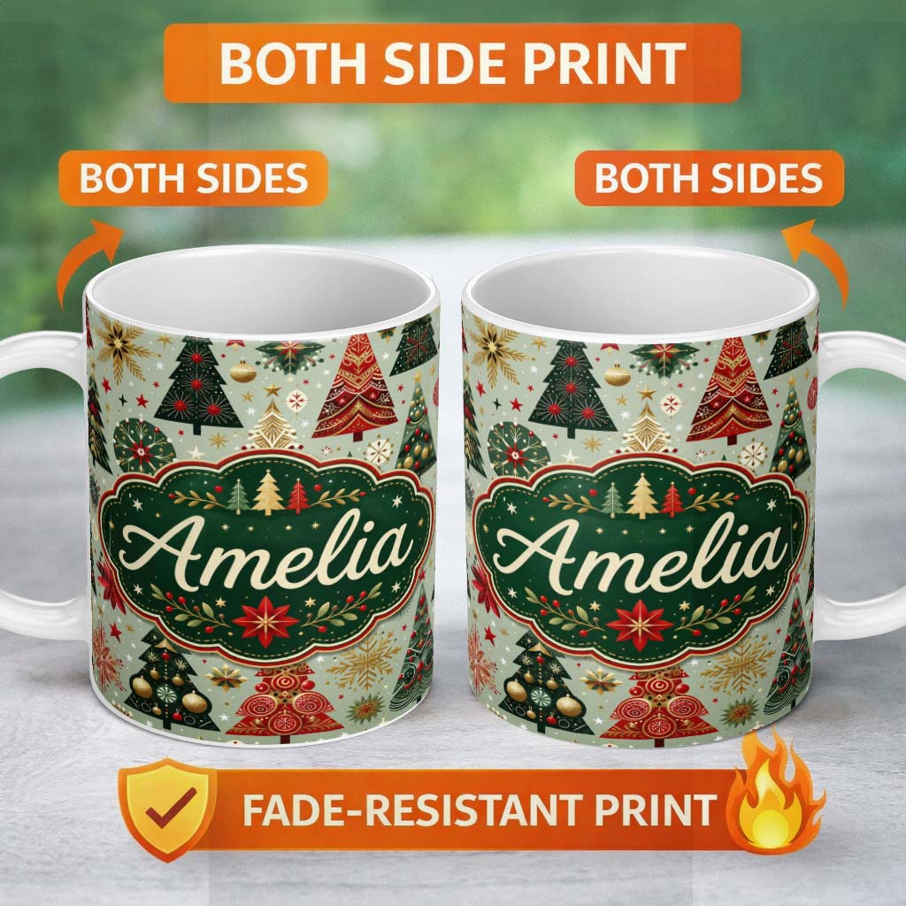 Personalized Custom Name Elegant Festive Christmas Trees Snowflakes Gold Red Holiday Seamless 11oz Ceramic Coffee Tea Mug White Large Handle