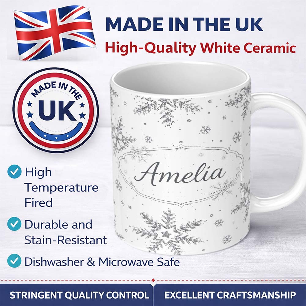 Personalized Custom Name Black Snowflake Sketch Pattern on White Seamless Cute Unique Gift 11oz Ceramic Coffee Tea Mug White Large Handle
