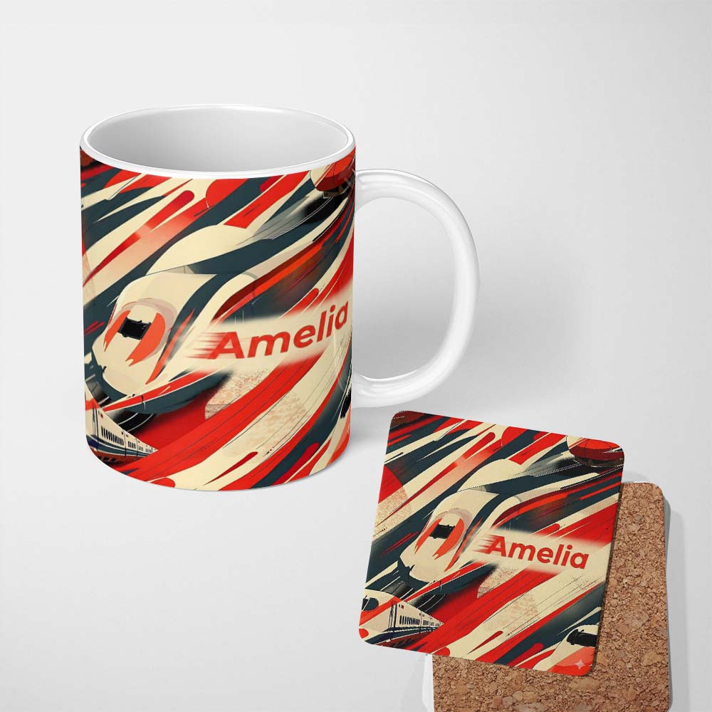 Personalized Custom Name Dynamic Bullet Train Motion Abstract with Red and Black Lines Lovely 11oz Ceramic Coffee Tea Mug White Large Handle