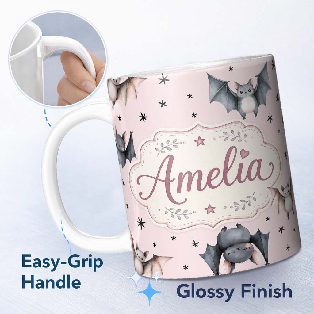 Personalized Custom Name Cute Baby Bats Flying with Stars Soft Blush Pink Background 11oz Ceramic Coffee Tea Mug White Large Handle