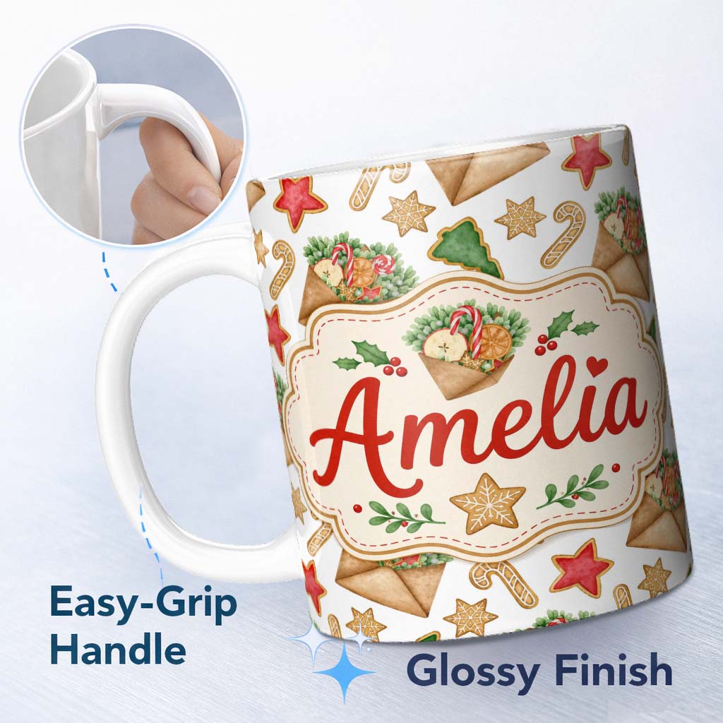 Personalized Custom Name Watercolor Christmas Cookies Candy Cane Envelope Seamless Pattern 11oz Ceramic Coffee Tea Mug White Large Handle