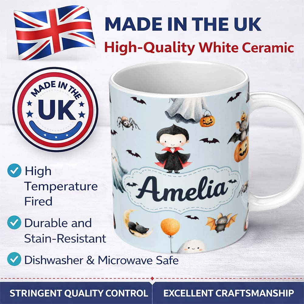 Personalized Custom Name Cute Halloween Dracula Ghost Bats on Soft Blue Background Seamless 11oz Ceramic Coffee Tea Mug White Large Handle