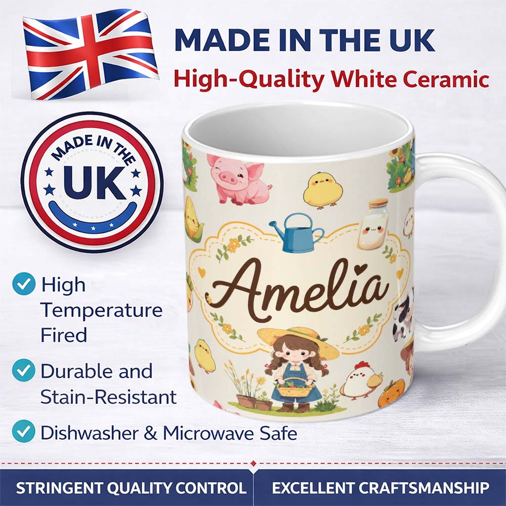 Personalized Custom Name Cute Farm Animals Girl Pig Cow Chicken Cream Background Seamless 11oz Ceramic Coffee Tea Mug White Large Handle