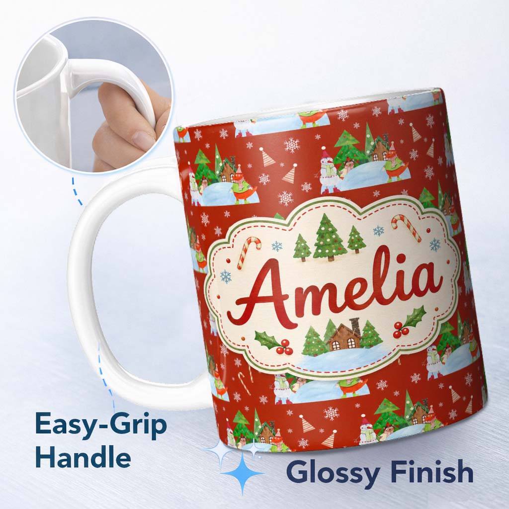 Personalized Custom Name Cute Winter Snowman Bird Christmas Scene Red Seamless Pattern Lovely 11oz Ceramic Coffee Tea Mug White Large Handle