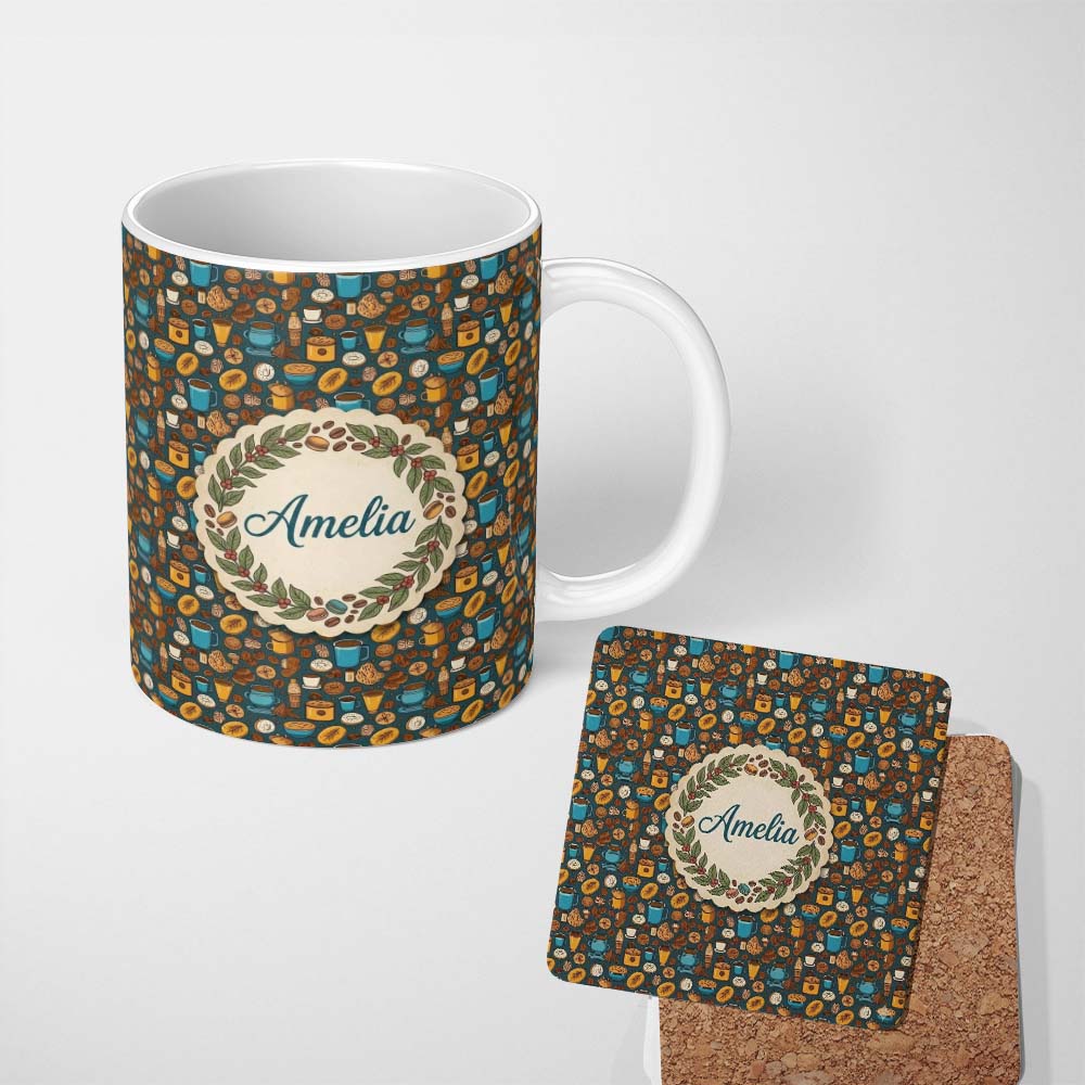 Personalized Custom Name Coffee Beans Cups and Pastries Illustrated Seamless Pattern Lovely 11oz Ceramic Coffee Tea Mug White Large Handle