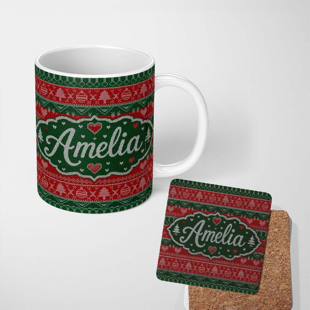 Personalized Custom Name Classic Nordic Christmas Ornament Heart Stripe Knit Seamless Pattern 11oz Ceramic Coffee Tea Mug White Large Handle