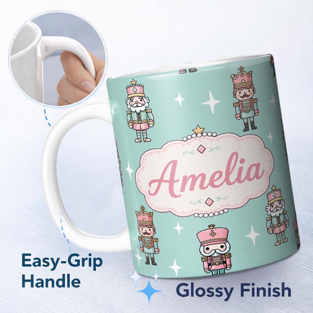 Personalized Custom Name Cute Nutcracker Soldiers Christmas Toy Characters Pattern Teal 11oz Ceramic Coffee Tea Mug White Large Handle