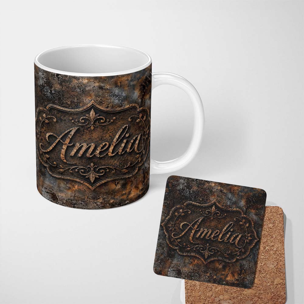 Personalized Custom Name Rust and Silver Corrosion Texture Abstract Grunge Seamless Pattern 11oz Ceramic Coffee Tea Mug White Large Handle