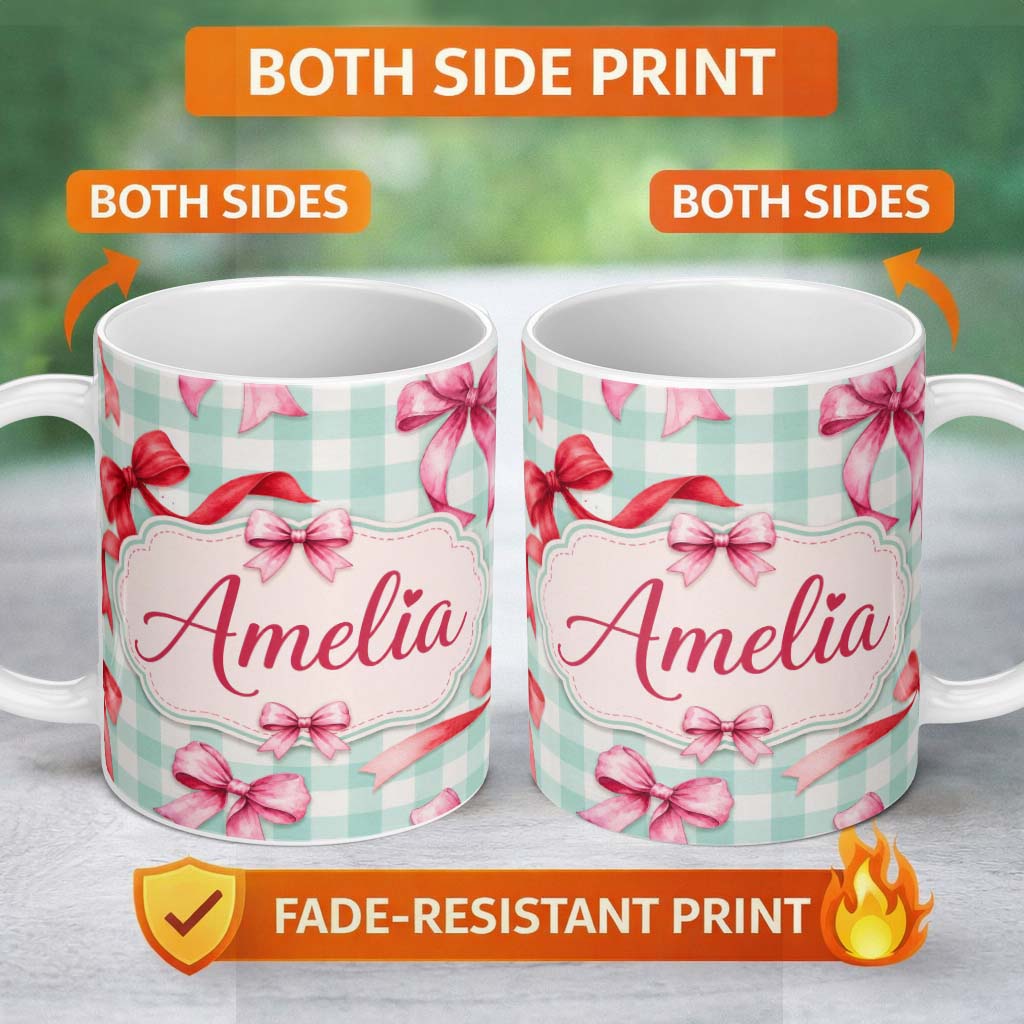 Personalized Custom Name Watercolor Ribbon Bow Seamless Pattern on Mint Gingham Background 11oz Ceramic Coffee Tea Mug White Large Handle