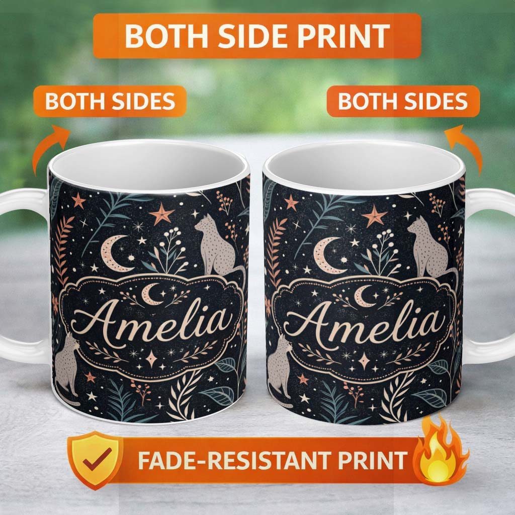Personalized Custom Name Celestial Cat Moon Stars Botanical Night Seamless Pattern Lovely 11oz Ceramic Coffee Tea Mug White Large Handle