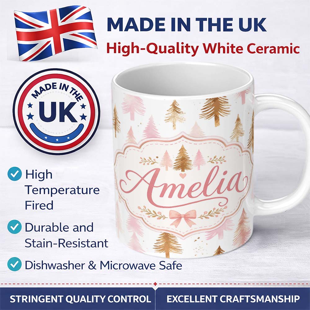 Personalized Custom Name Elegant Pink and Gold Christmas Tree Watercolor Seamless Pattern 11oz Ceramic Coffee Tea Mug White Large Handle
