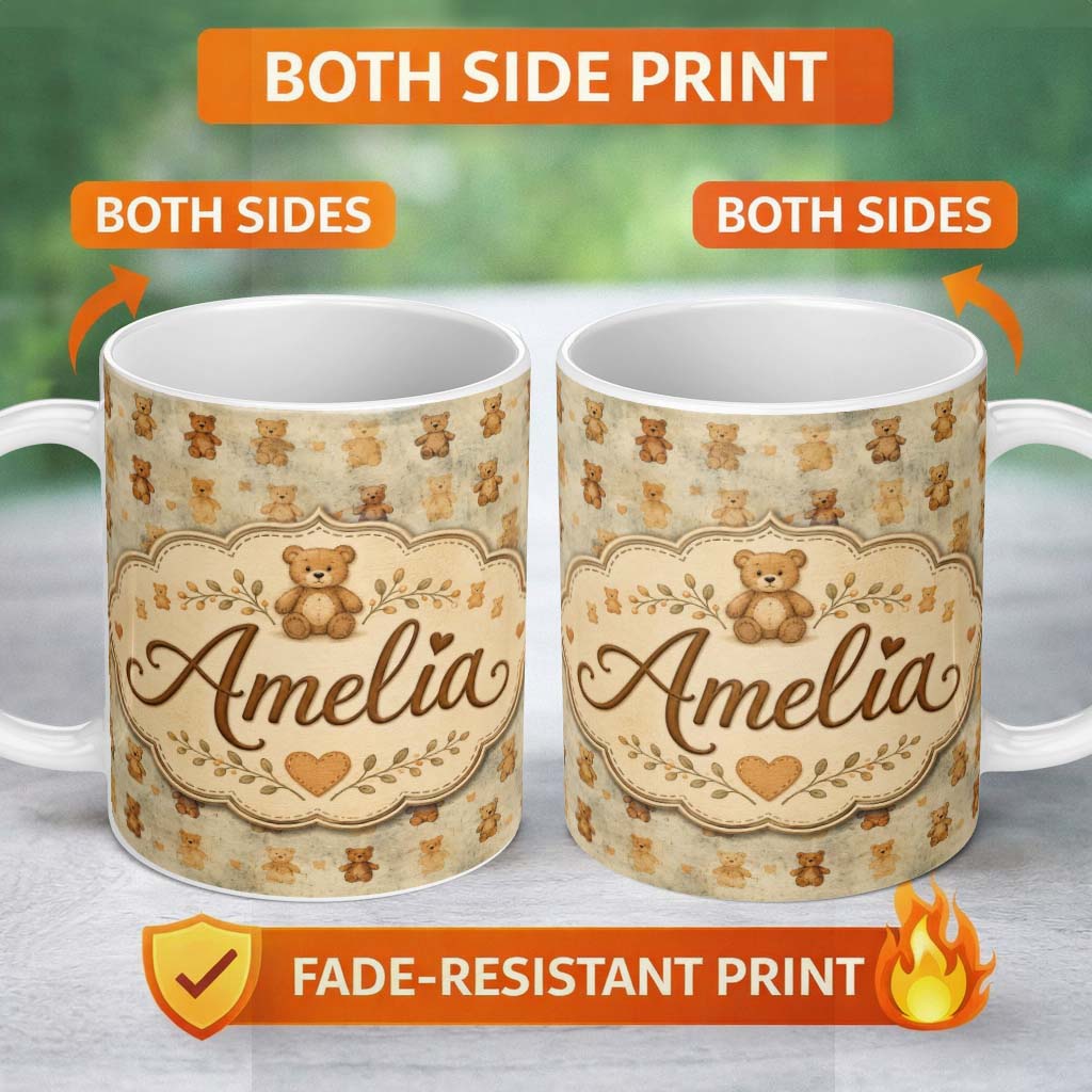 Personalized Custom Name Vintage Distressed Teddy Bear Repeating Pattern Seamless Lovely 11oz Ceramic Coffee Tea Mug White Large Handle