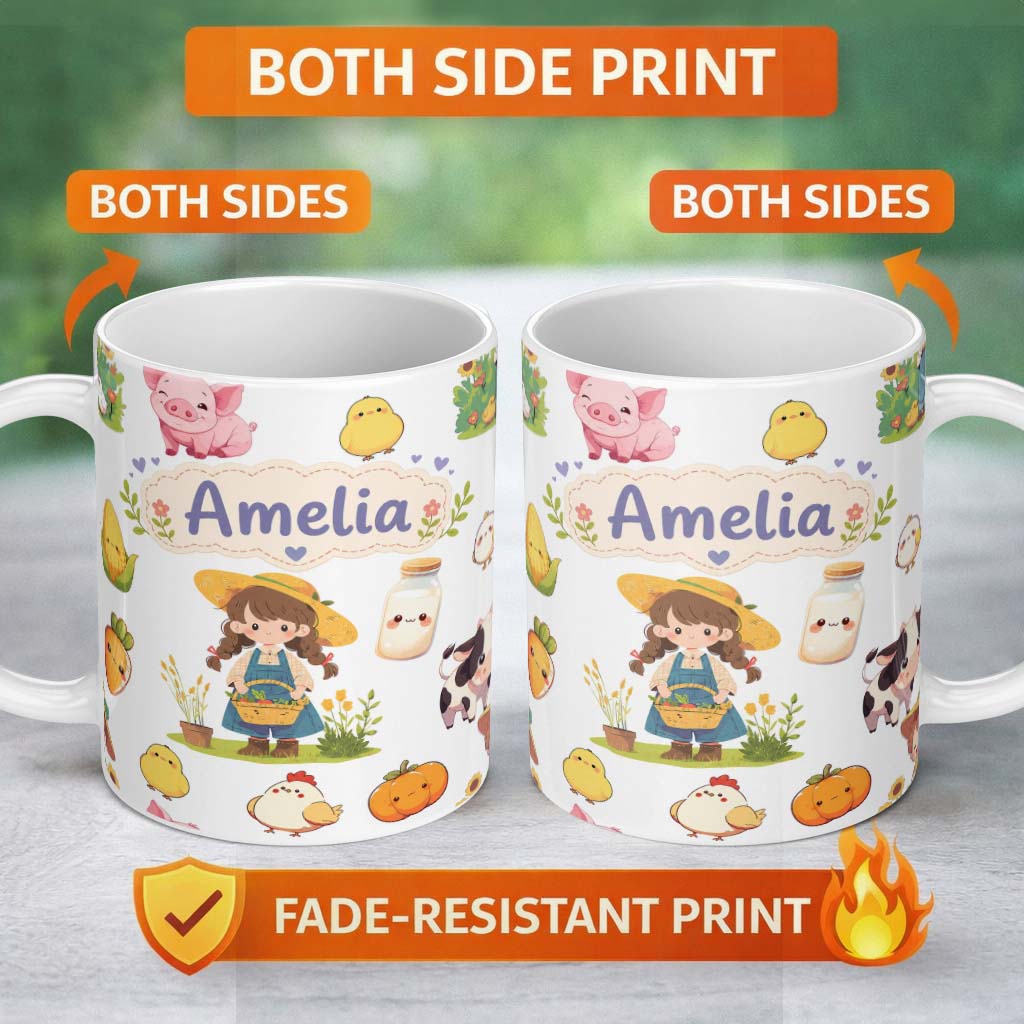 Personalized Custom Name Cute Farm Girl Pig Cow Chicken Corn Milk White Background Seamless 11oz Ceramic Coffee Tea Mug White Large Handle