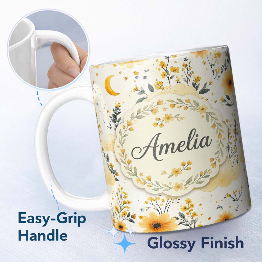 Personalized Custom Name Soft Yellow Clouds Moon and Floral Dream Pattern Seamless Design 11oz Ceramic Coffee Tea Mug White Large Handle