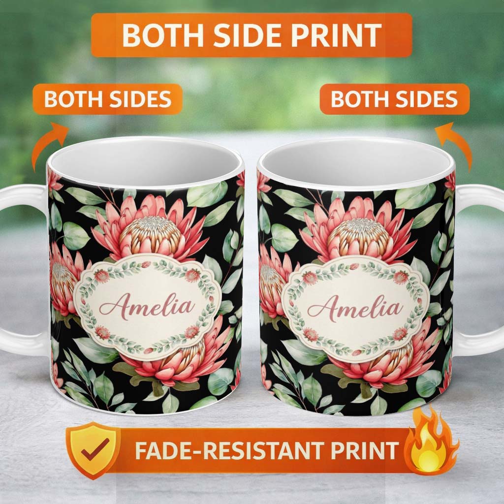 Personalized Custom Name Elegant Protea Flowers with Green Leaves on White Background Lovely 11oz Ceramic Coffee Tea Mug White Large Handle