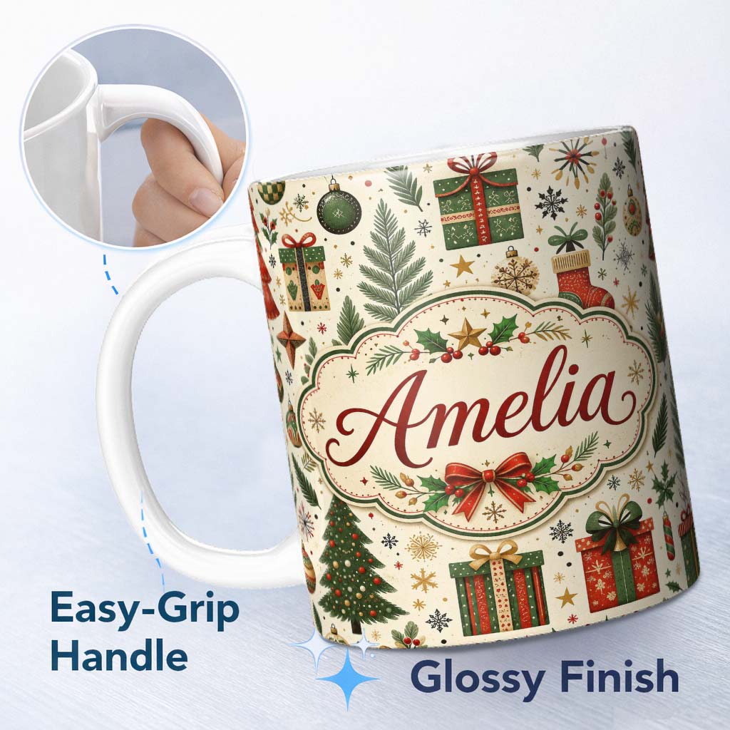 Personalized Custom Name Festive Christmas Trees Baubles Gifts Seamless Pattern Holiday 11oz Ceramic Coffee Tea Mug White Large Handle