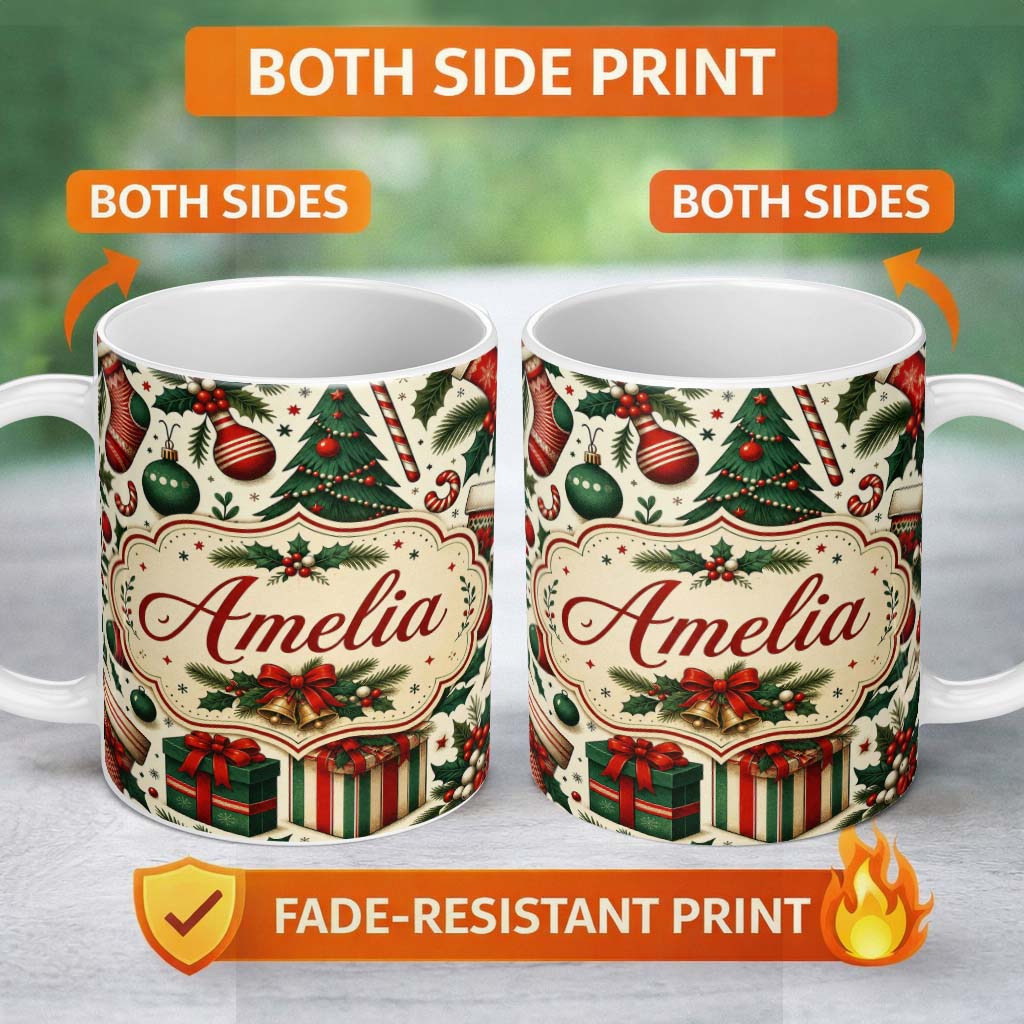 Personalized Custom Name Festive Christmas Tree Holly Berries Stockings Candy Cane Seamless 11oz Ceramic Coffee Tea Mug White Large Handle
