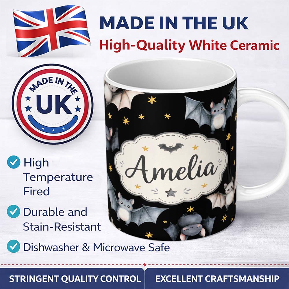 Personalized Custom Name Cute Halloween Bats Flying Yellow Stars Night Sky Seamless Pattern 11oz Ceramic Coffee Tea Mug White Large Handle