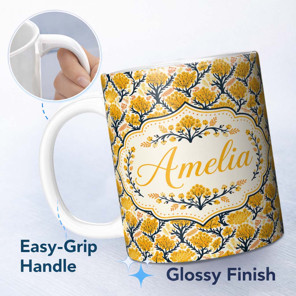 Personalized Custom Name Bold Mustard Yellow Floral Tree Pattern with Dark Branches Modern 11oz Ceramic Coffee Tea Mug White Large Handle