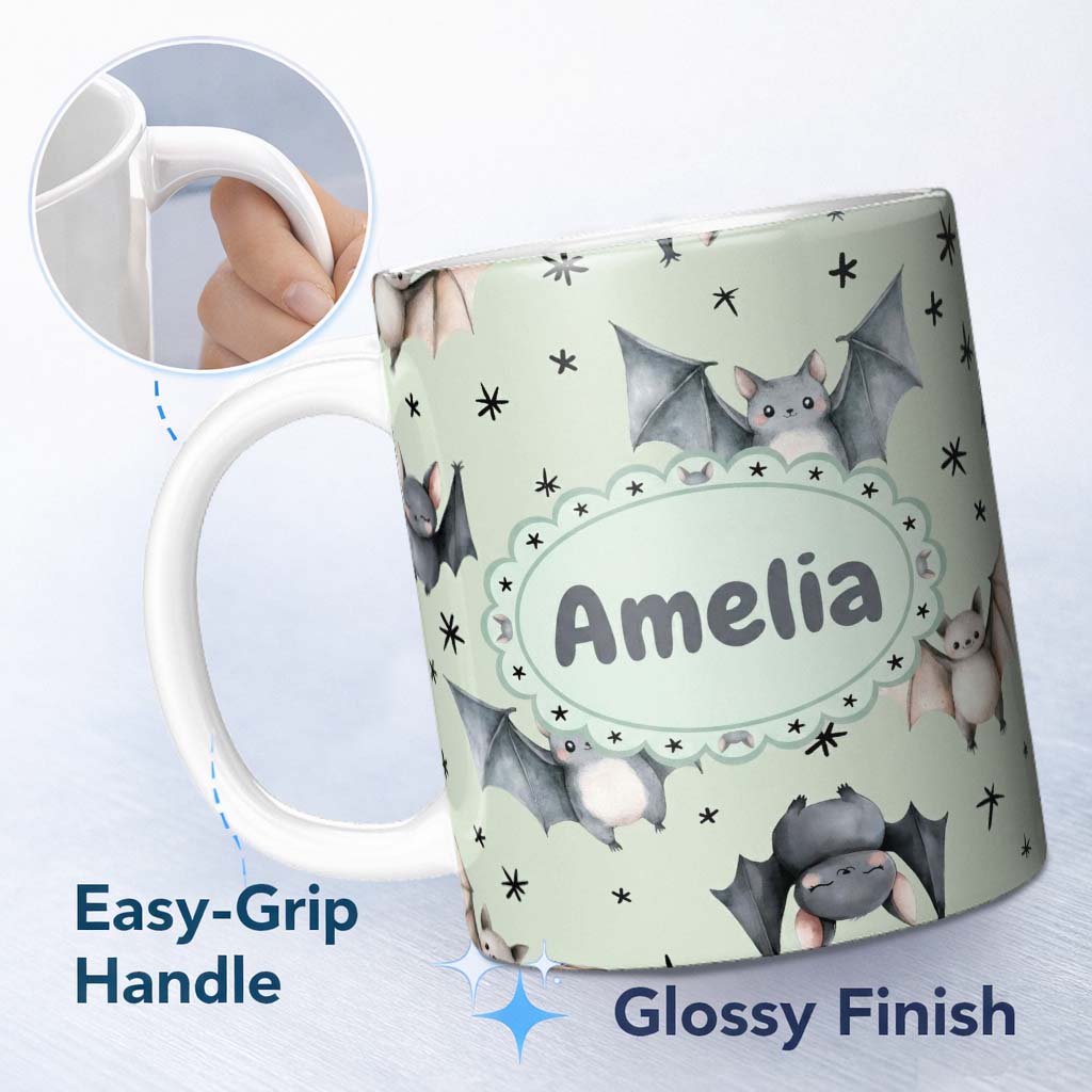 Personalized Custom Name Cute Baby Bats Flying with Stars Soft Sage Green Background 11oz Ceramic Coffee Tea Mug White Large Handle