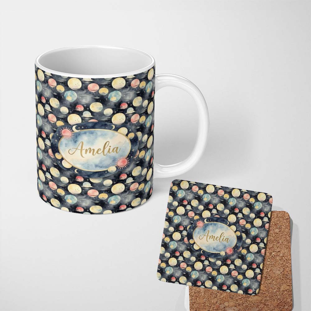Personalized Custom Name Colorful Planet Space Galaxy Seamless Pattern Cute Unique Gift 11oz Ceramic Coffee Tea Mug White Large Handle