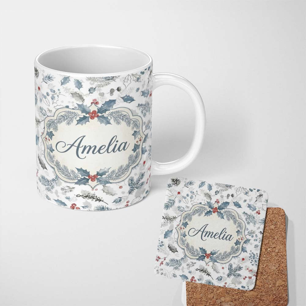 Personalized Custom Name Winter Botanical Leaves Pine Branch Blue Tones Seamless Pattern 11oz Ceramic Coffee Tea Mug White Large Handle