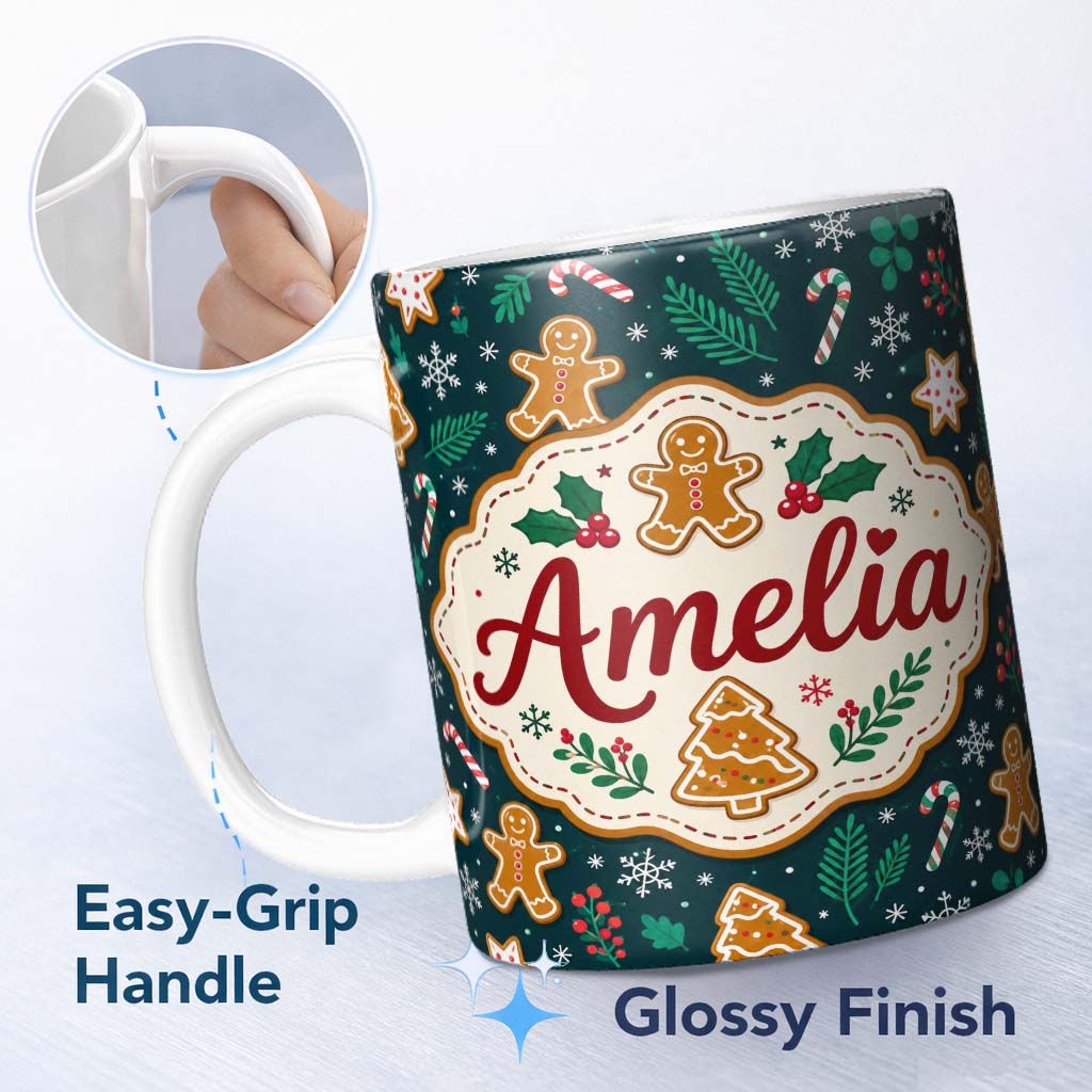 Personalized Custom Name Cute Gingerbread Cookies Candy Canes Holly Festive Seamless Pattern 11oz Ceramic Coffee Tea Mug White Large Handle