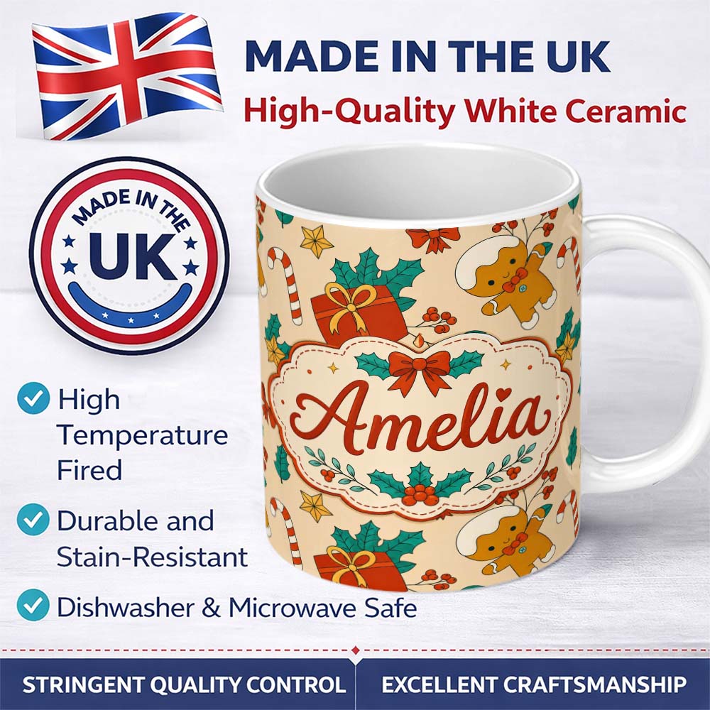 Personalized Custom Name Cute Gingerbread Candy Cane Holly Berry Seamless Pattern Lovely 11oz Ceramic Coffee Tea Mug White Large Handle