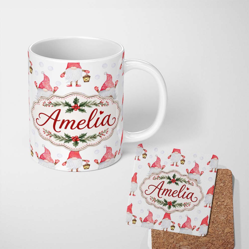 Personalized Custom Name Cute Christmas Gnome Red Hat Lantern Snow Dots Seamless Pattern 11oz Ceramic Coffee Tea Mug White Large Handle