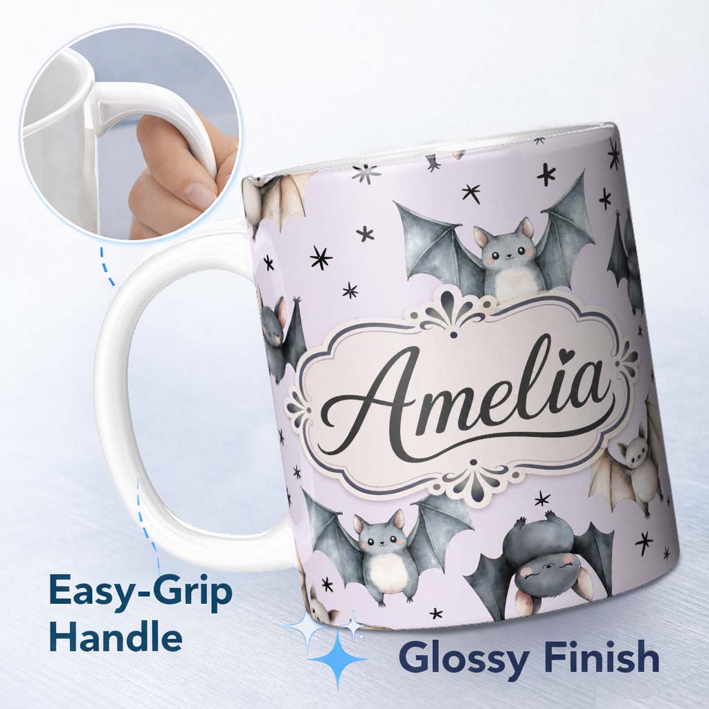Personalized Custom Name Cute Watercolor Bats and Stars Seamless Pattern Pastel Lilac Lovely 11oz Ceramic Coffee Tea Mug White Large Handle