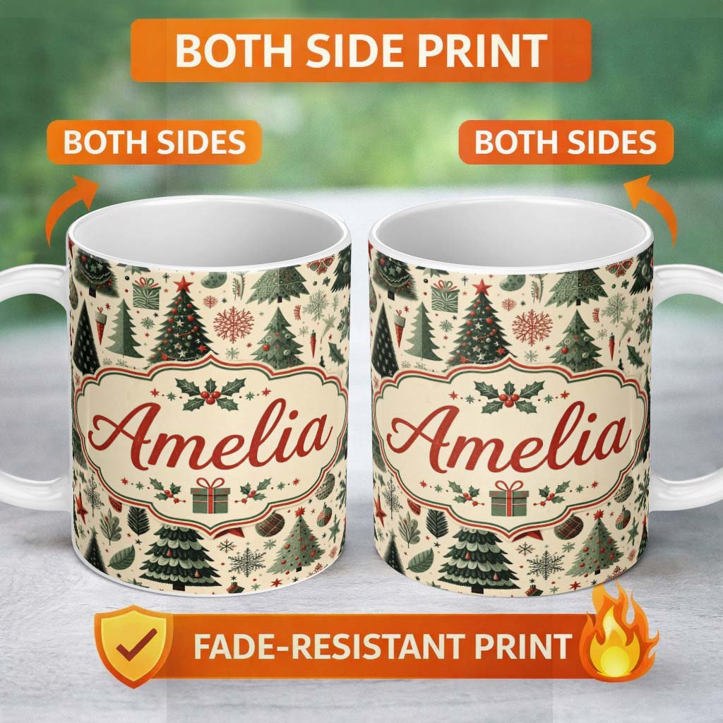 Personalized Custom Name Festive Christmas Tree Gift Ornament Holiday Seamless Pattern Lovely 11oz Ceramic Coffee Tea Mug White Large Handle