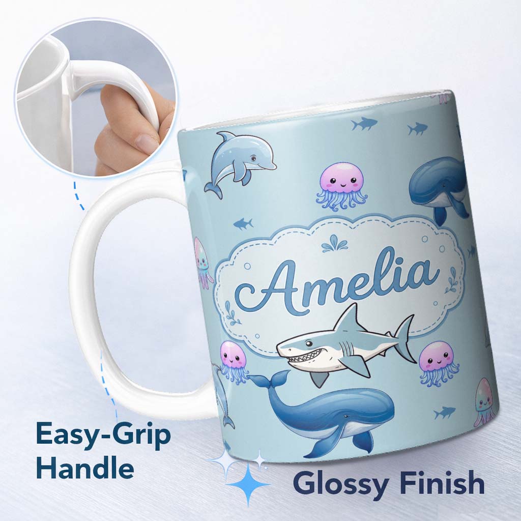 Personalized Custom Name Cute Dolphin Shark and Jellyfish Ocean Animals Seamless Pattern 11oz Ceramic Coffee Tea Mug White Large Handle