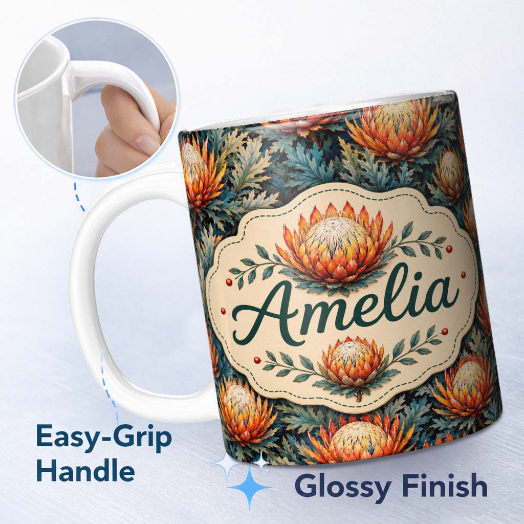 Personalized Custom Name Artistic Protea Floral with Blue Leaves Seamless Pattern Lovely 11oz Ceramic Coffee Tea Mug White Large Handle