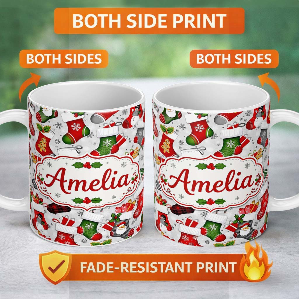 Personalized Custom Name Christmas Stockings Gifts Candy Cane Snowflake Seamless Pattern 11oz Ceramic Coffee Tea Mug White Large Handle