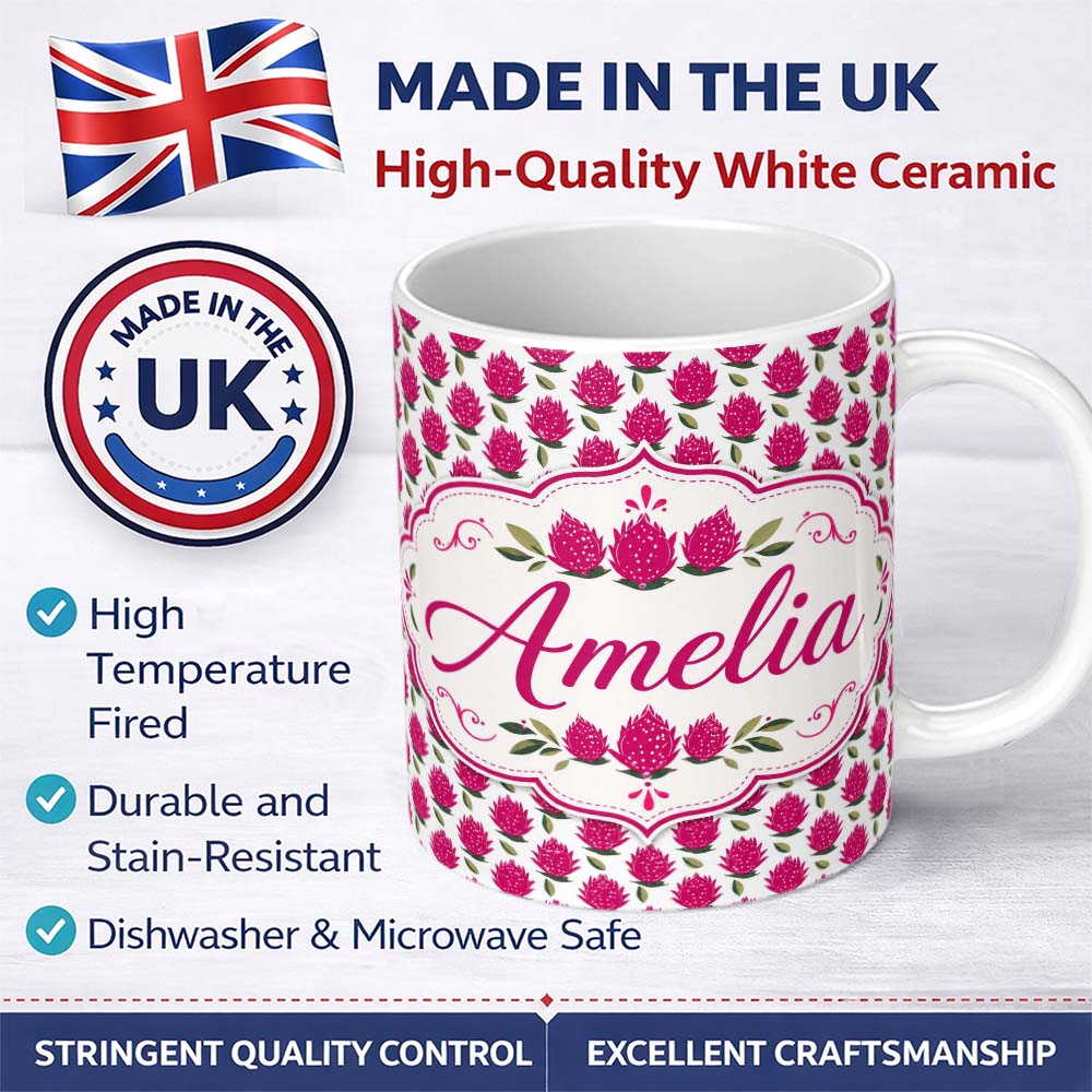 Personalized Custom Name Stylized Dragon Fruit Botanical Seamless Pattern Cute Unique Gift 11oz Ceramic Coffee Tea Mug White Large Handle