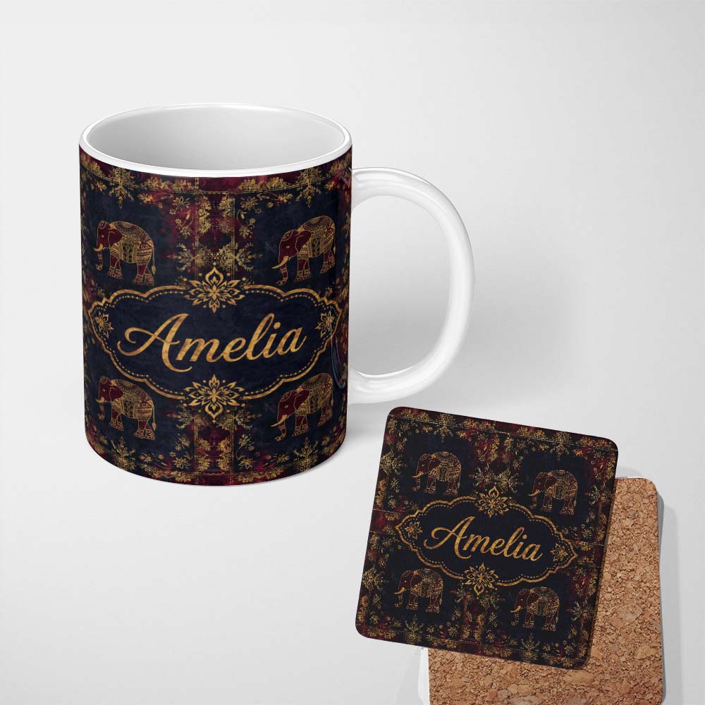 Personalized Custom Name Ornate Gold Elephant and Floral Vintage Seamless Pattern Lovely 11oz Ceramic Coffee Tea Mug White Large Handle