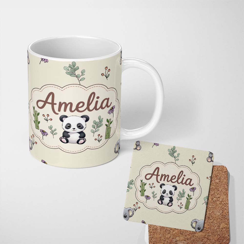 Personalized Custom Name Cute Panda Bear with Bamboo Leaves Floral Seamless Pattern Cream 11oz Ceramic Coffee Tea Mug White Large Handle