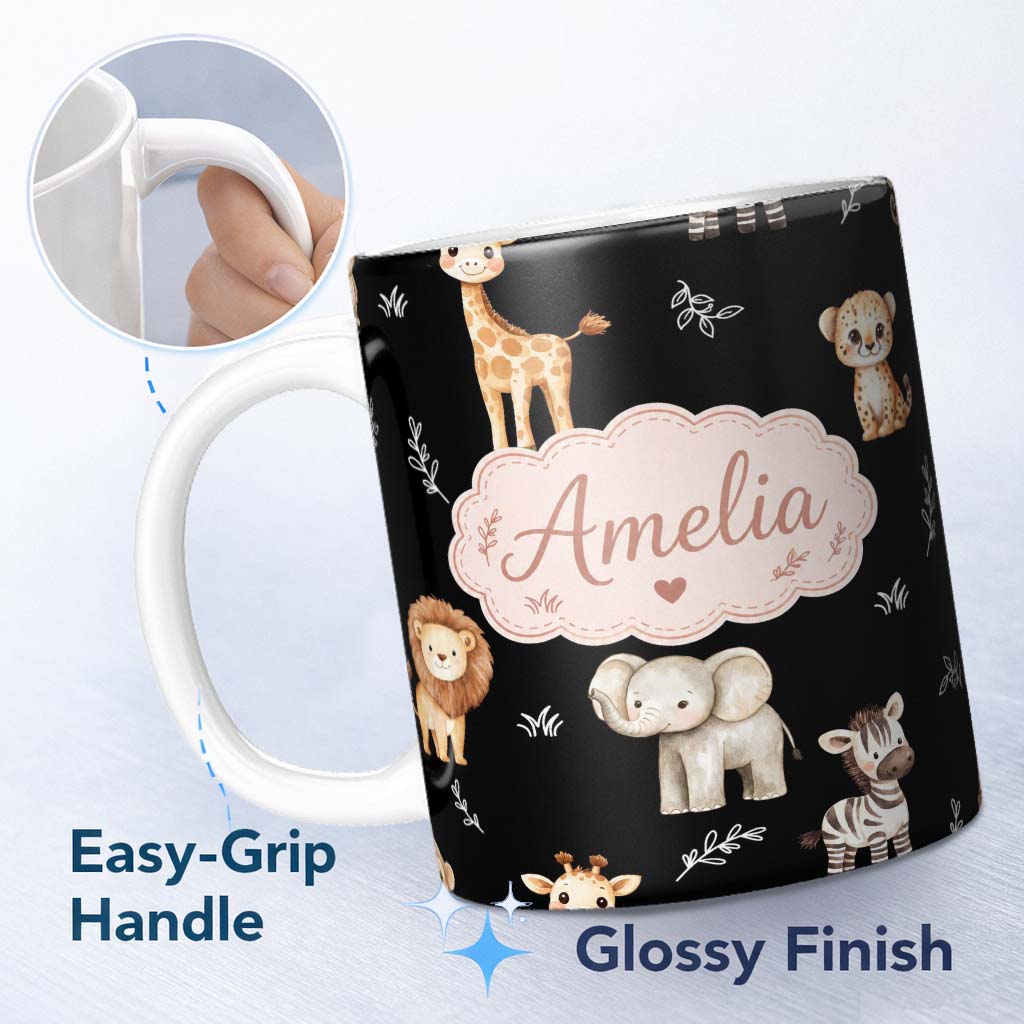 Personalized Custom Name Safari Animals with Elephant Lion and Leopard Cub on Light Grey 11oz Ceramic Coffee Tea Mug White Large Handle