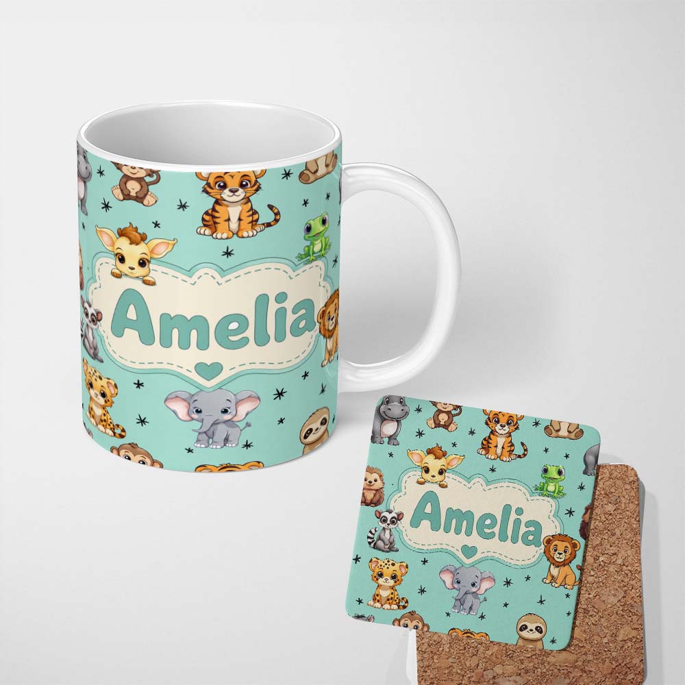 Personalized Custom Name Cute Cartoon Safari Animals with Stars on Mint Background Nursery 11oz Ceramic Coffee Tea Mug White Large Handle