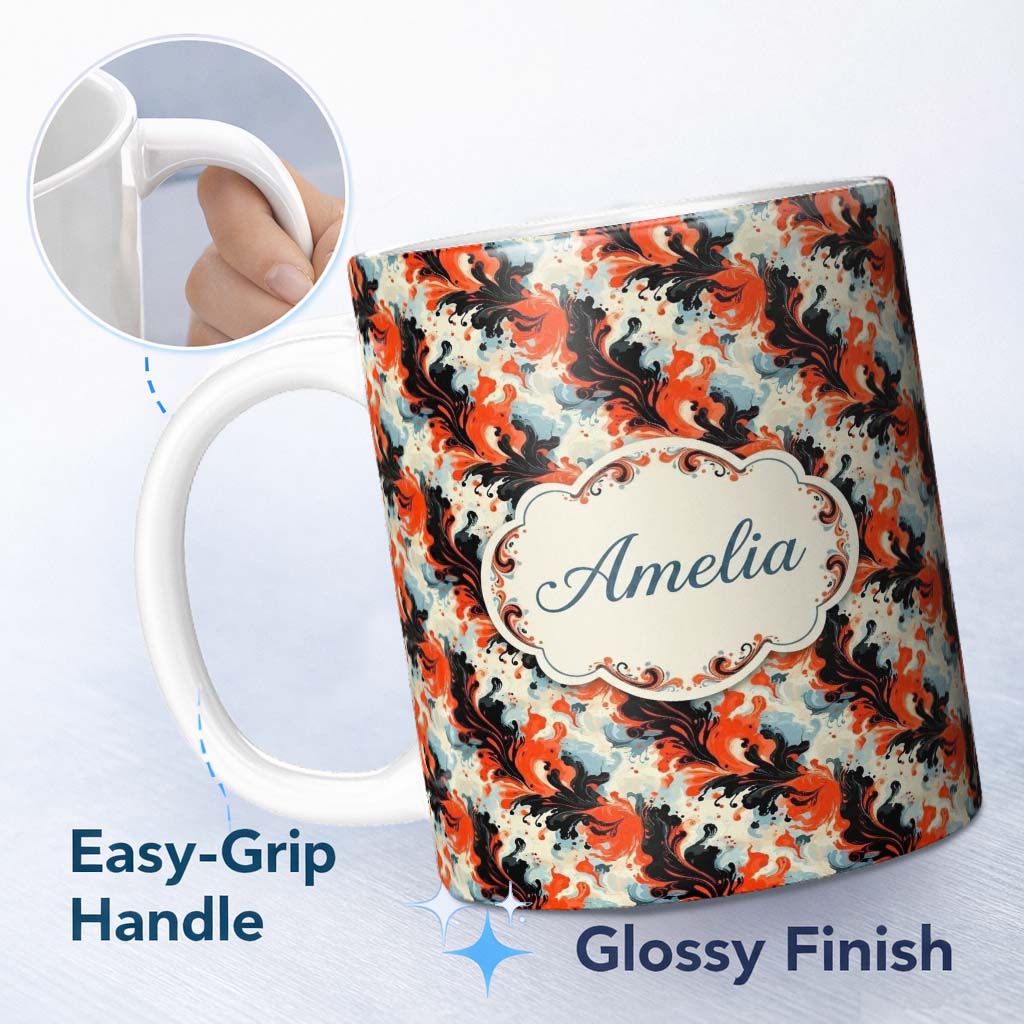 Personalized Custom Name Abstract Orange Black Fluid Marble Swirl Seamless Pattern Lovely 11oz Ceramic Coffee Tea Mug White Large Handle