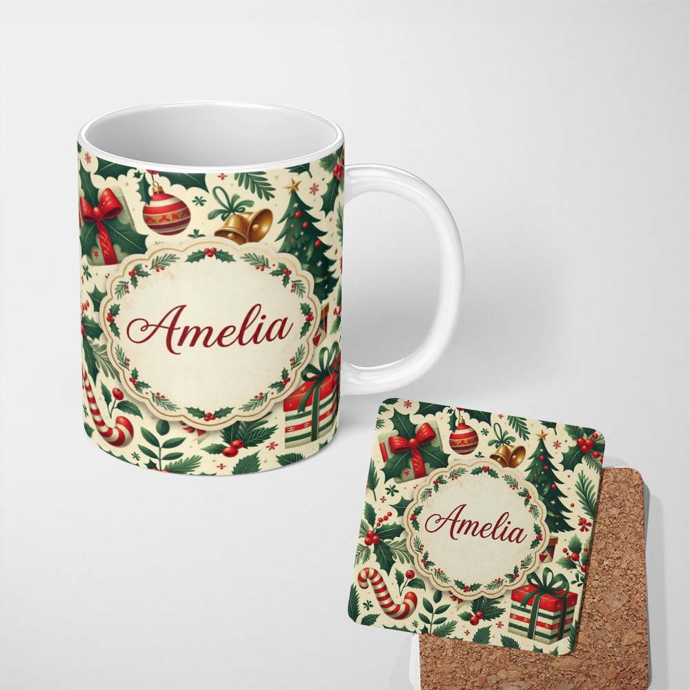 Personalized Custom Name Festive Christmas Stocking Gifts Bells Holly Leaves Seamless Pattern 11oz Ceramic Coffee Tea Mug White Large Handle