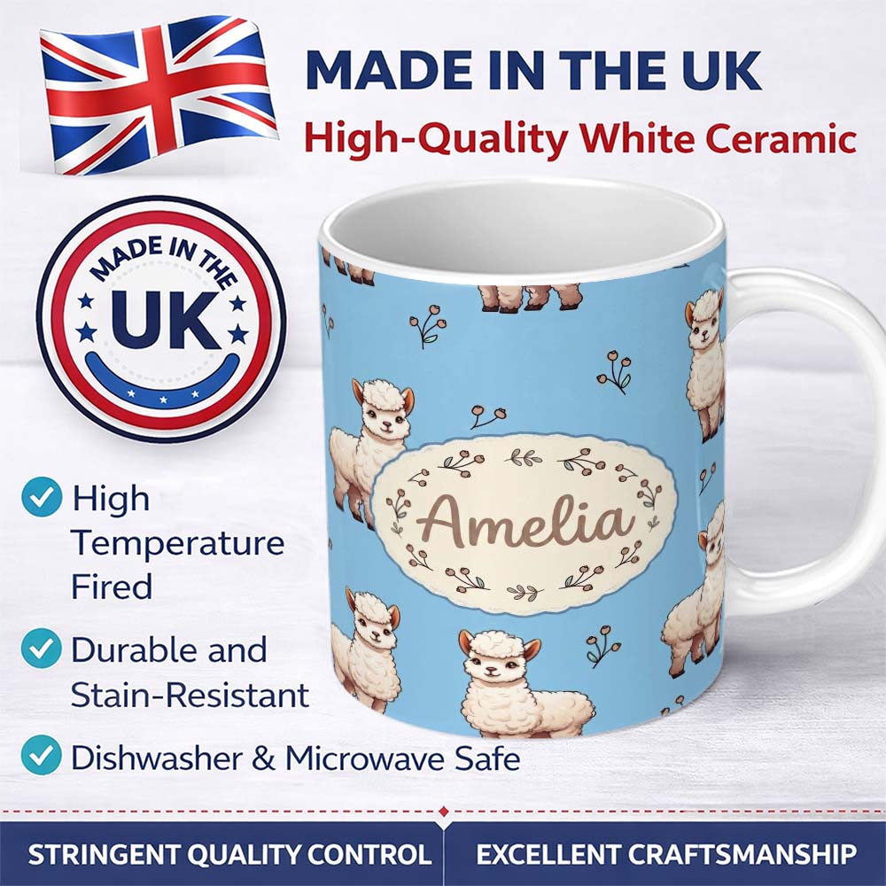 Personalized Custom Name Cute Alpaca Llama Pattern with Floral Sprigs on Bright Blue Lovely 11oz Ceramic Coffee Tea Mug White Large Handle